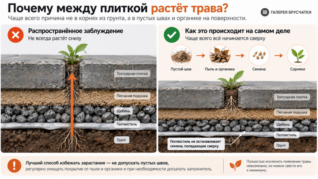 Почему между тротуарной плиткой растёт трава