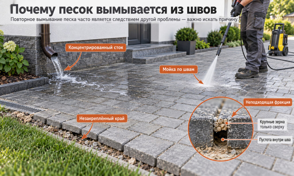 Почему песок вымывается из швов тротуарной плитки